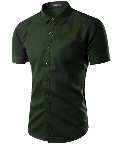 Dark Green Летняя мужская рубашка, мужская рубашка с коротким рукавом, новинка, Мужская однотонная деловая приталенная рубашка 5631 - Цвет: Dark Green