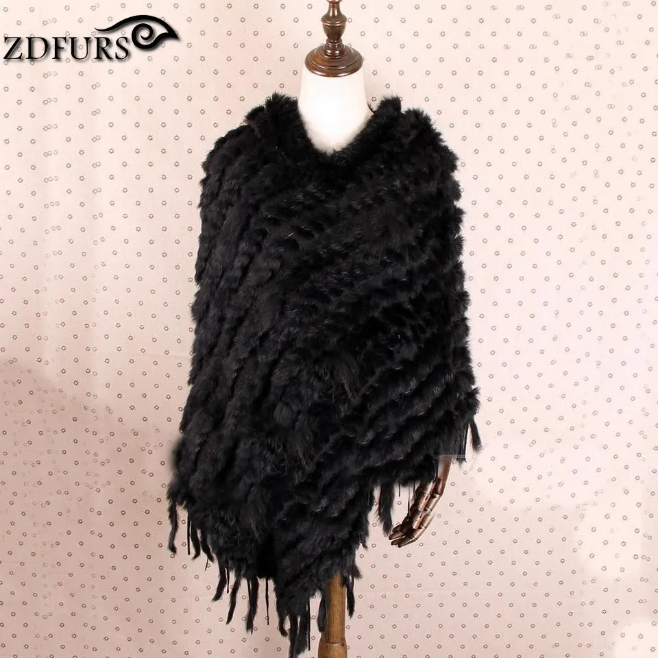 ZDFURS* Горячая Распродажа, Вязаное пончо из кроличьего меха с капюшоном, женская вязаная накидка из кроличьего меха, накидка с капюшоном, ZDKR-165007 - Цвет: black