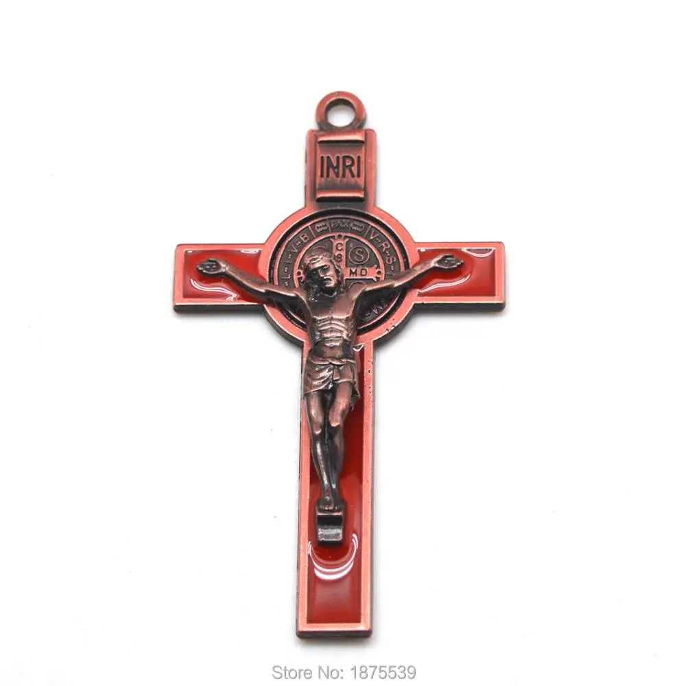 Распятие с креплением Святого Бенедикта в старинном оловянном синем красном