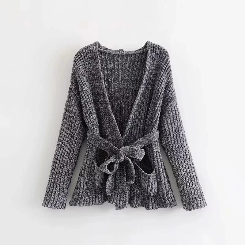 Women Winter Autumn Black Sweater 2018 New Fashion Warm Red Cardigan Female Gray Belt Knitted Chenille pull femme hiver C |