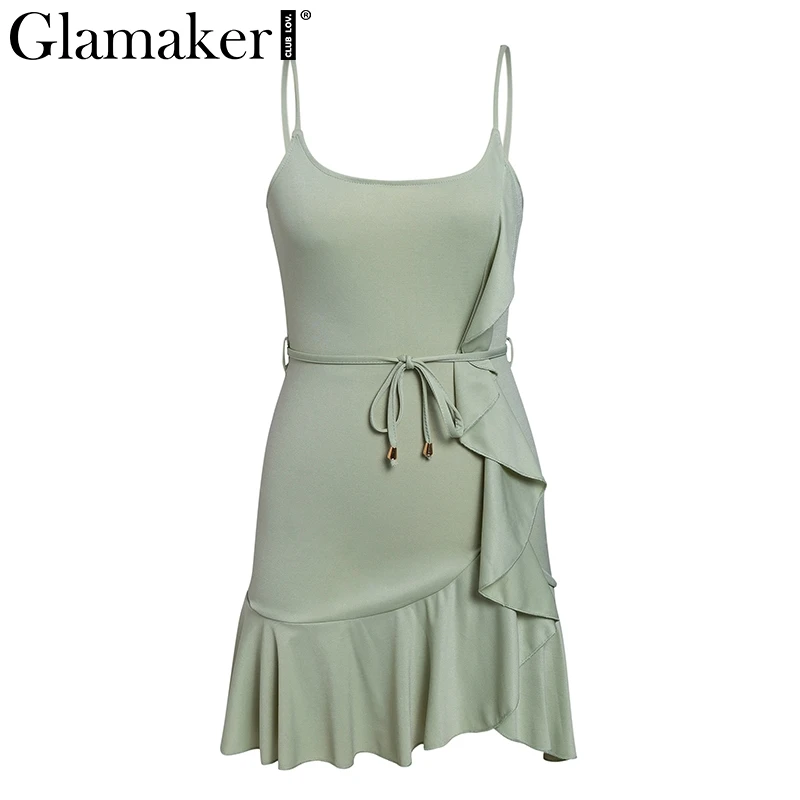 Light green Glamaker Ruffles кружевное сексуальное мини-сарафан женское праздничное пляжное короткое платье с открытой спиной Вечерние женские летние платья с красным поясом Vestidos - Цвет: Light green