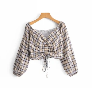 Женские хлопковые короткие топы 2019 года, весенне-летние клетчатые блузки с длинным рукавом, хлопковая уличная одежда из пузырчатой ткани, рубашка для девочек, женские топы