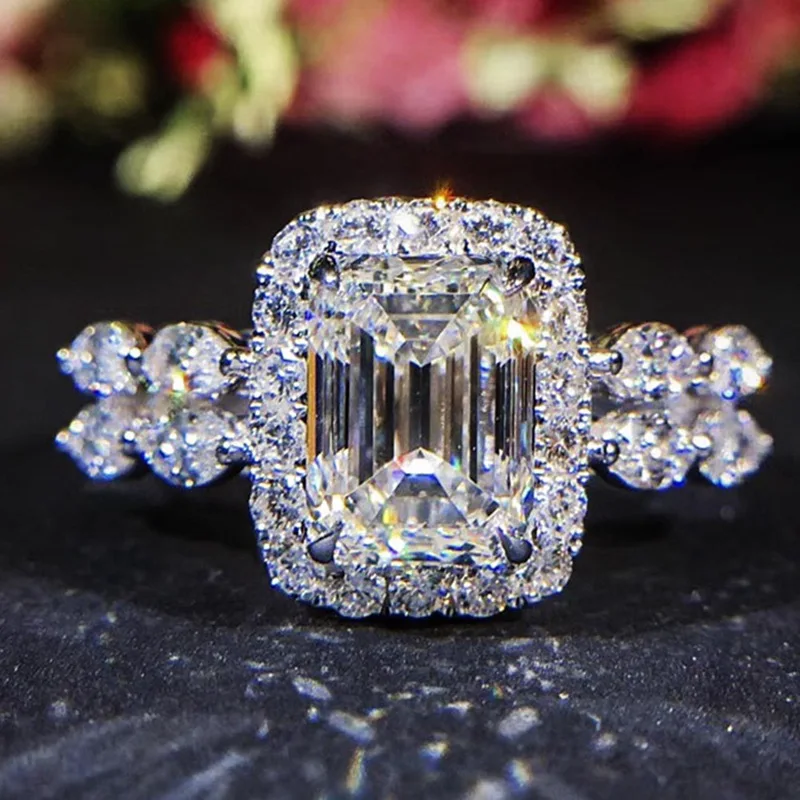 Винтажные большие квадратные кольца прозрачные циркониевые женские серебряные