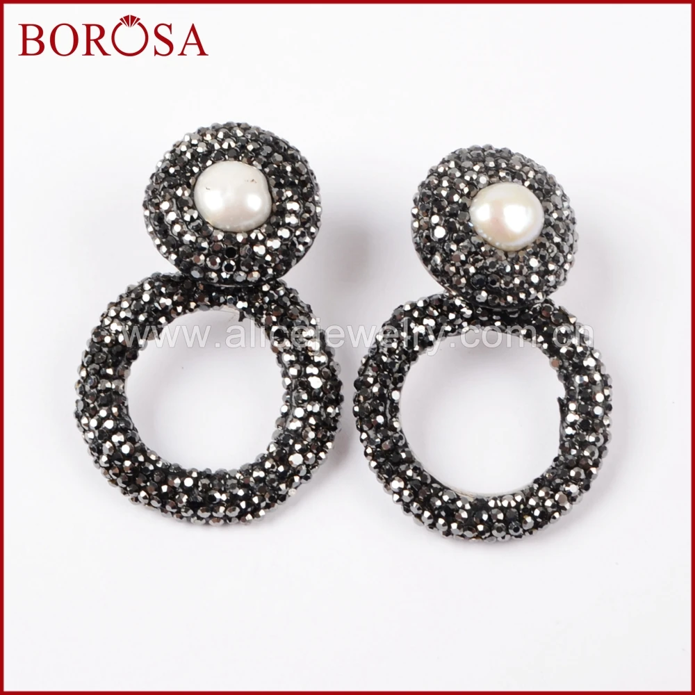 

BOROSA New Collection Natural Round Freshwater Pearl Bead Crystal Rhinestone Paved CZ Drop Dangle Earrings Gems for Women JAB774
