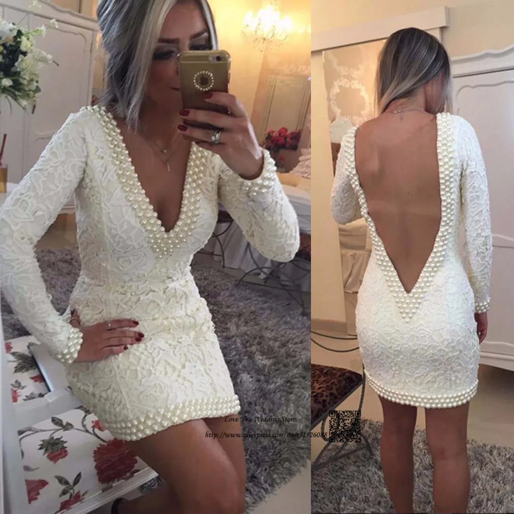Одеяние де Коктейль Розовый Кот Кружева Коктейльные Платья Sexy Глубокий V Шеи Вернуться Жемчуг Короткое Вечернее Платье С Длинным Рукавом Выпускного Вечера
