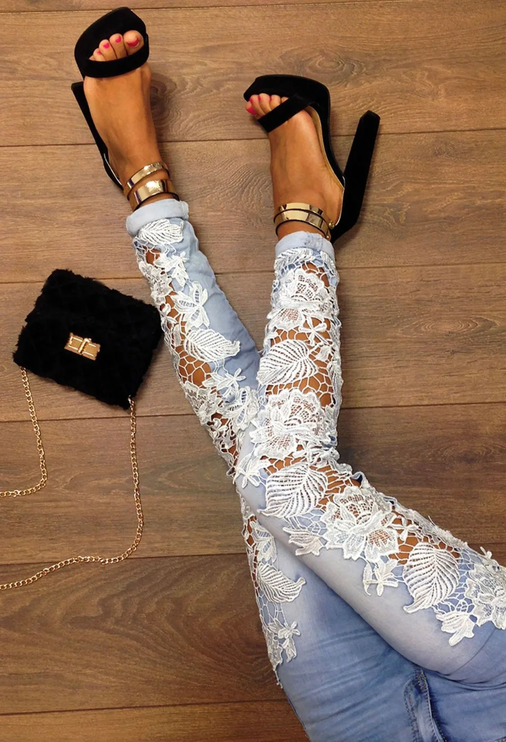 

Women Jeans Spliced Lace Floral Denim Pencil Pants Hollow Out Casual Women 'S Women Jeans