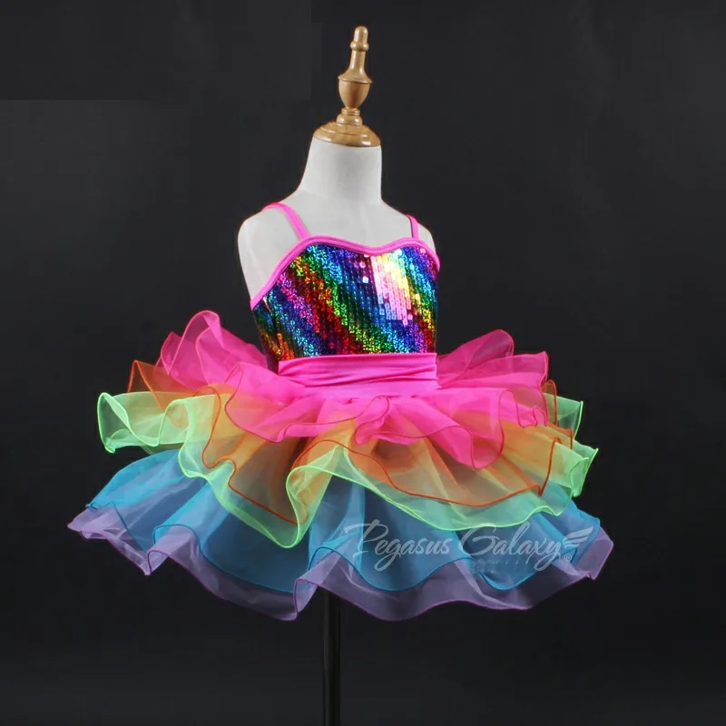 Rainbow Sequins Dress Ballet Dance Costume Stage Performance Dresses Women Clothes Girls Dancewear Kid | Тематическая одежда и