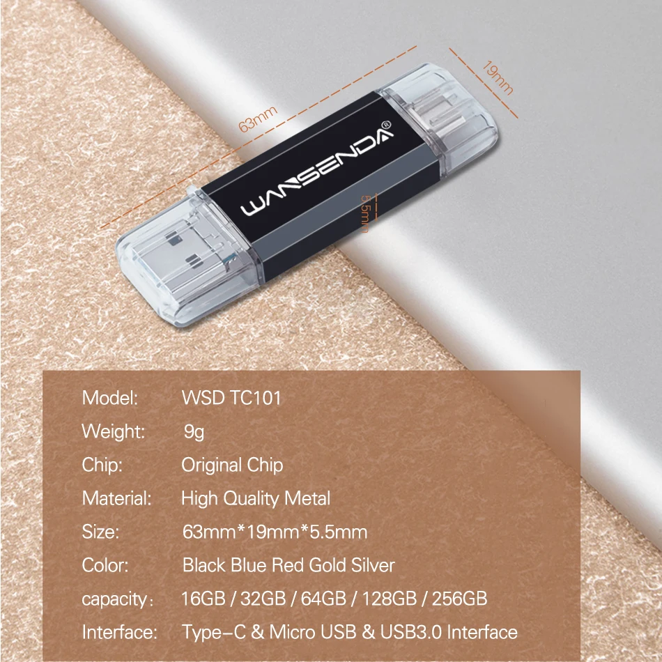 WANSENDA 3 в 1OTG USB флеш накопитель type C 16 ГБ 32 64 128 256 Флэшка высокоскоростная карта