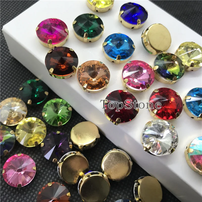 TopStone Round Rivoli Sew On Rhinestones With Gold Claw Setting 8 10 12 14 16 mm Sewing glass crystal stones for clothing | Дом и сад