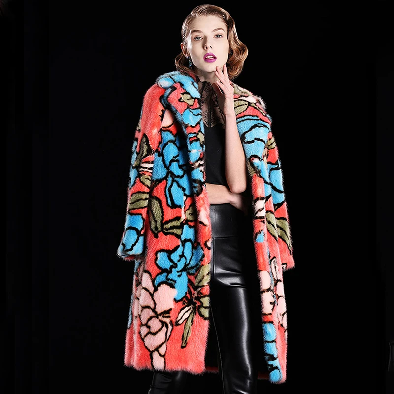 LVCHI 2019 new Flower Pattern Women Winter Mink Coat Fashion Female Boho Casual Visone Warm Fur Bohemian Mink Fur Coats