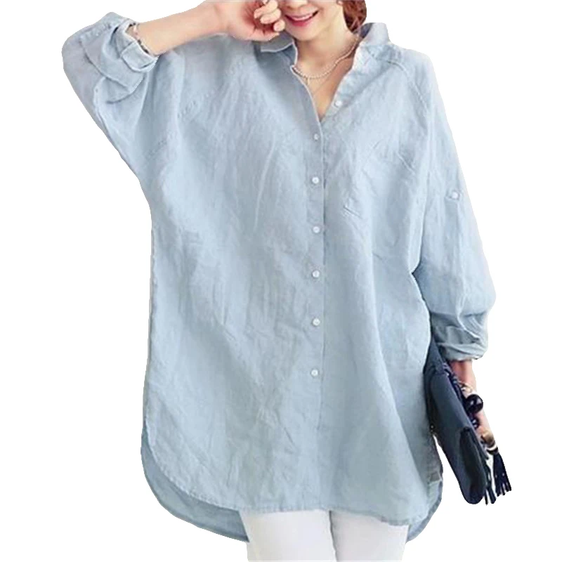 Блузка женская Свободная блузка рубашка с длинным рукавом Повседневная льняная - Фото №1