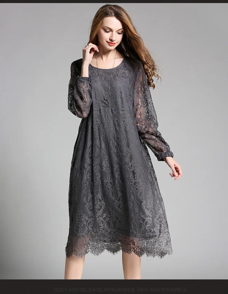 ASYMSAY European 2017 Spring Clothes New Long Lace Dress Hollow Out Embroidery Loose Plus Size Red Gray Black Dresses AC9526 | Женская