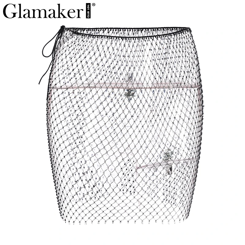 Женская мини юбка Glamaker черная прозрачная из горного хрусталя для вечеринок и