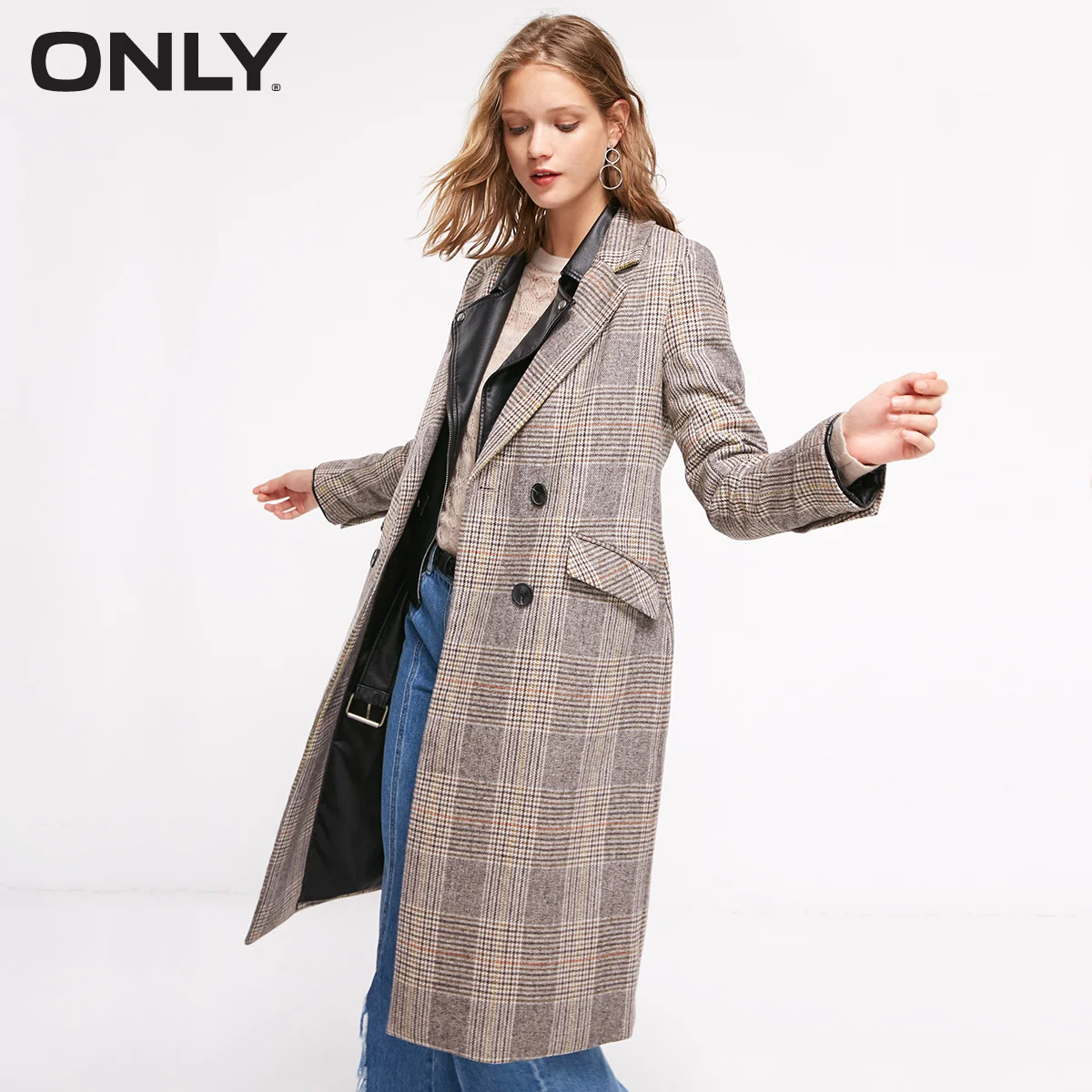 Только женское двубортное длинное пальто в клетку | 118336529 - Цвет: YELLOW BROWN CHECK