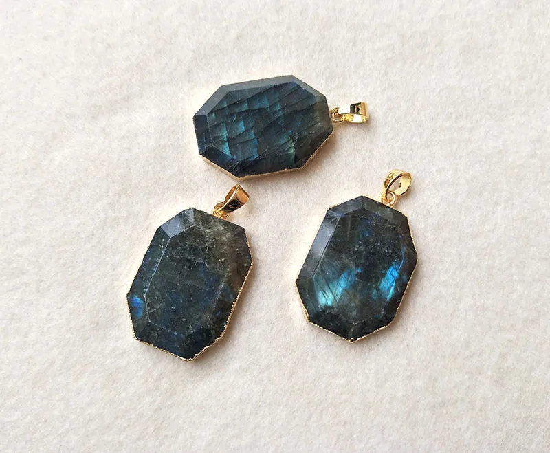 

5pc Natural Labradorite Faceted Pendant Gold color Octagon charm Bead Labradorite Cutting Jewelry necklace Findings Making P242