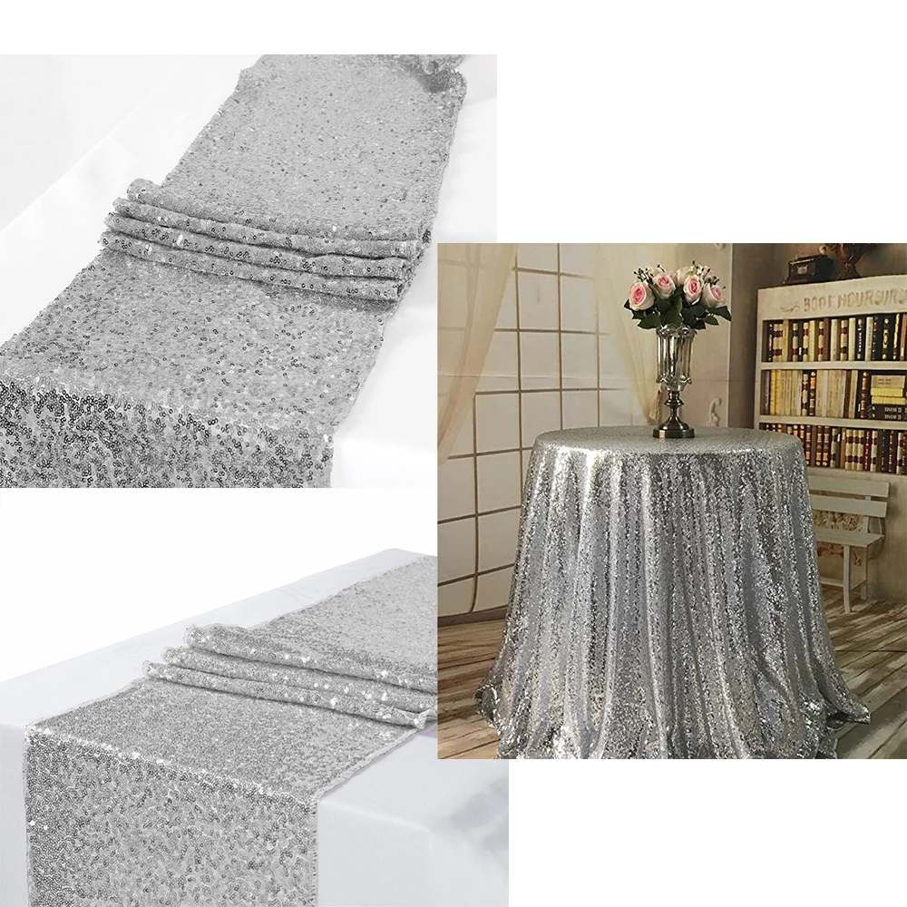 10pcs Silver Sequin Table Runner Wedding Decoration Party Tablecloth Sparkly Events Decora (Silver-12x72in) | Дом и сад