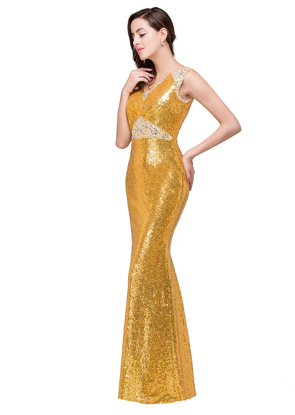 Потрясающие золотые блестки вечерние платья 2017 из бисера Длинные Русалка Пром Robe