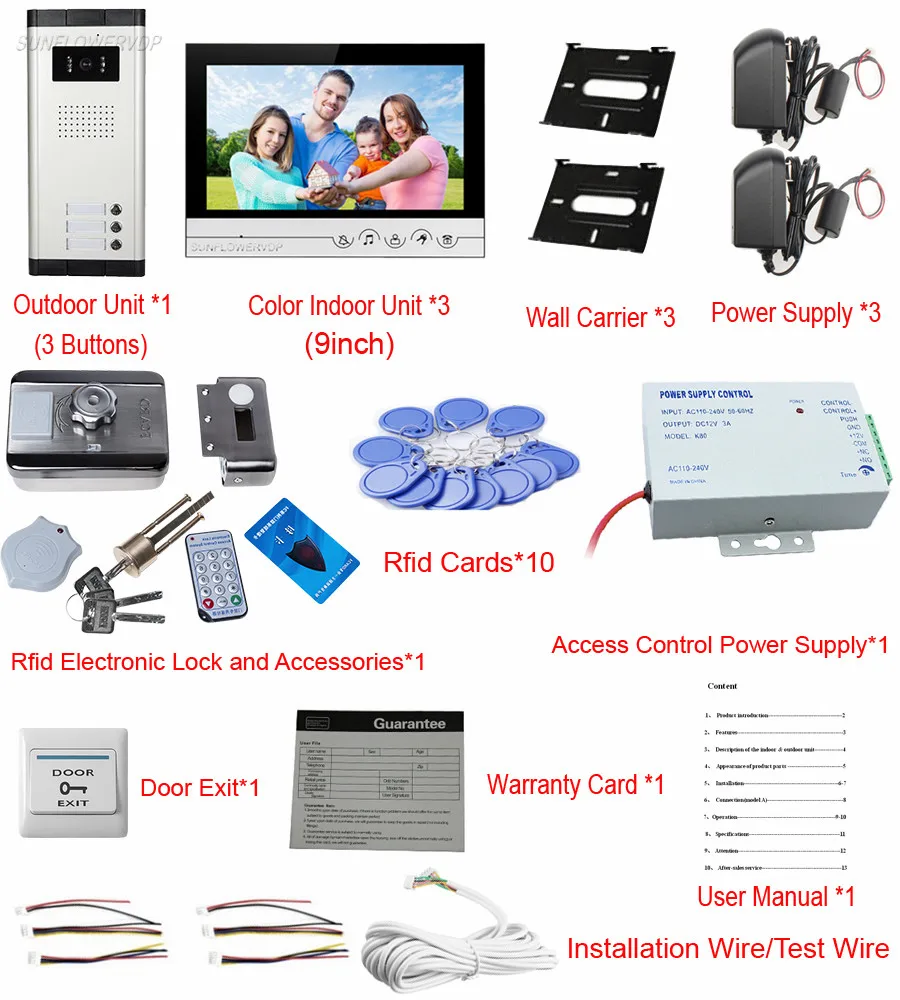 9 Inches Color Video Door Phone Doorbell For 3 Apartments Video Doorphones With Rfid Card Electronic Door Lock Video Call Units