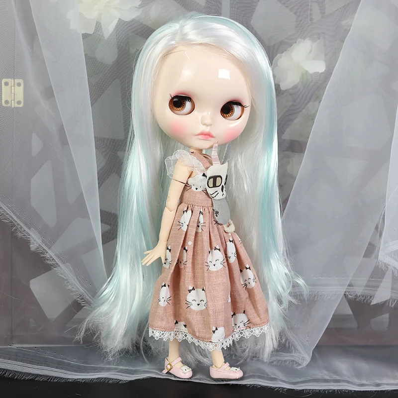 Ледяная фабрика blyth кукла 1/6 bjd белая кожа соединение тела белый микс голубые волосы, новое блестящее лицо резные губы BL136/6909