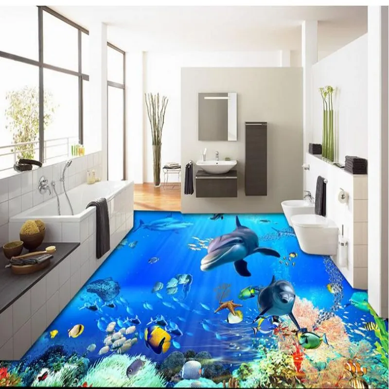 wellyu Custom large - scale murals 3D stereo underwater world dolphin floor tiles ground background wall wallpaper | Обустройство