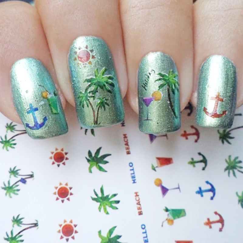 1 лист Кокосовых Пальм Ногтей Воды Переводные Картинки Летом Стиль Наклейки