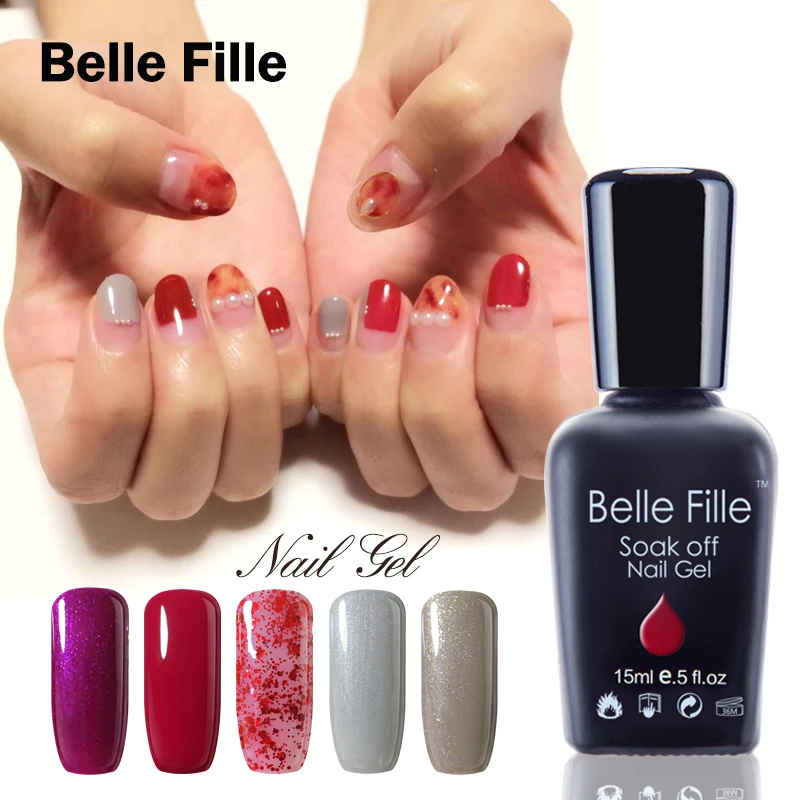 Belle FILLE 15 мл Цвет УФ гель Лаки для ногтей открытые блестящие гели лампы хаки крови