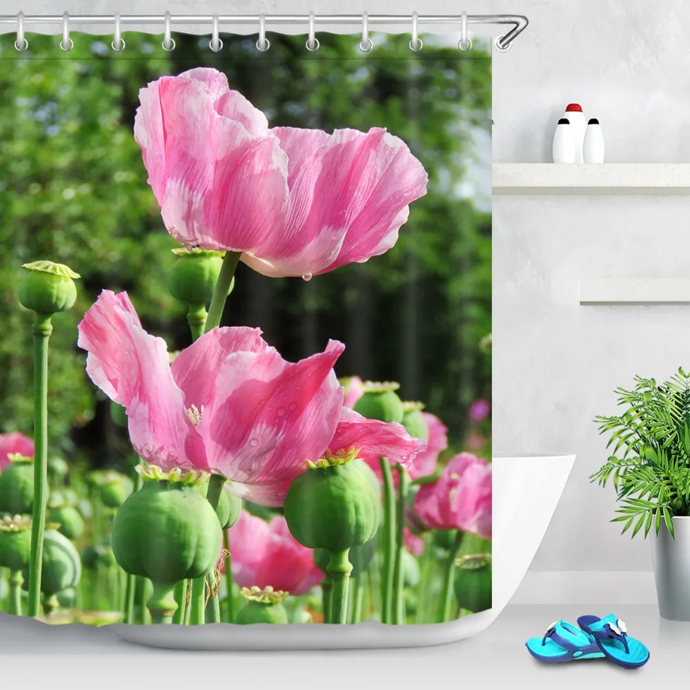 LB Waterproof 3d Pink Poppy Flower Shower Curtain And Bath Mat Liner Plant Polyester Bathroom Curtains Fabric for Bathtub Decor | Дом и сад