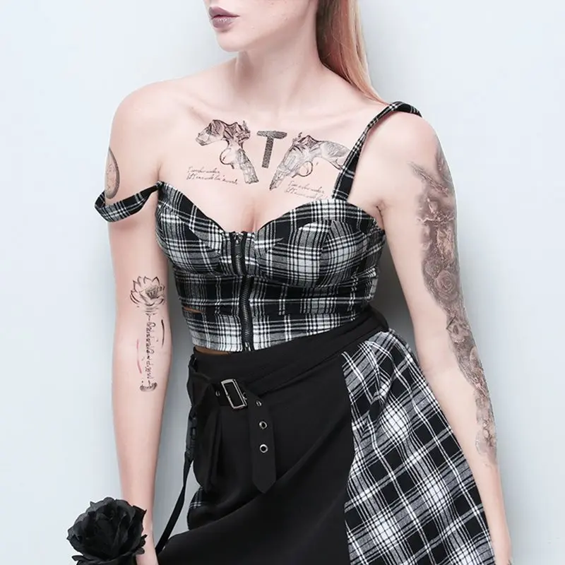 Клетчатые сексуальные женские майки Лето 2019 Винтаж молния панк Camisole девушка