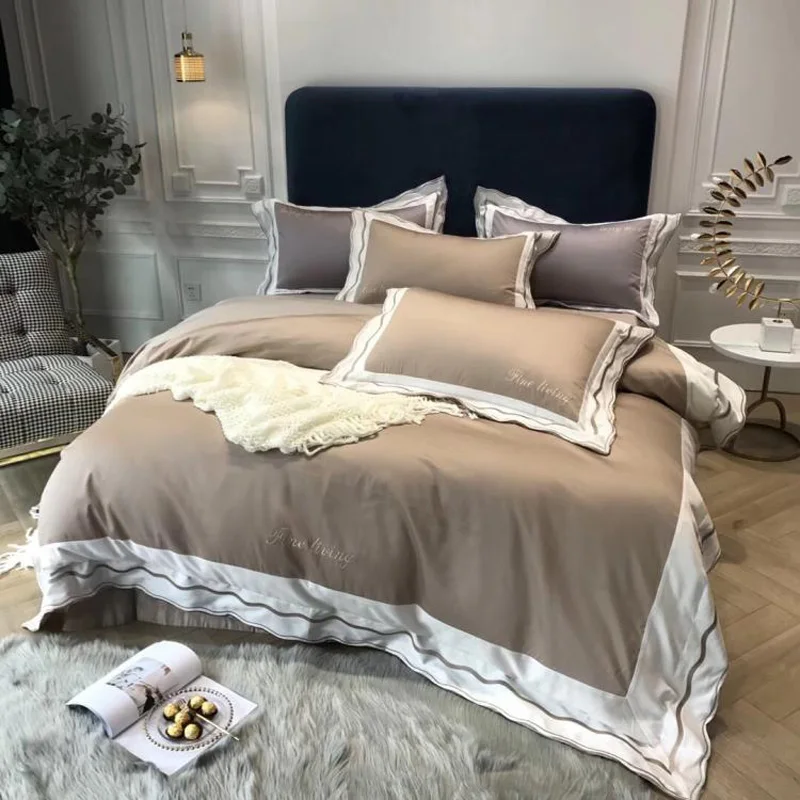 

Luxury 100S Egyptian cotton Royal Bedding sets Queen King Wedding Duvet cover Bed sheet set Pillowcases 4pcs Solid grey 5 color