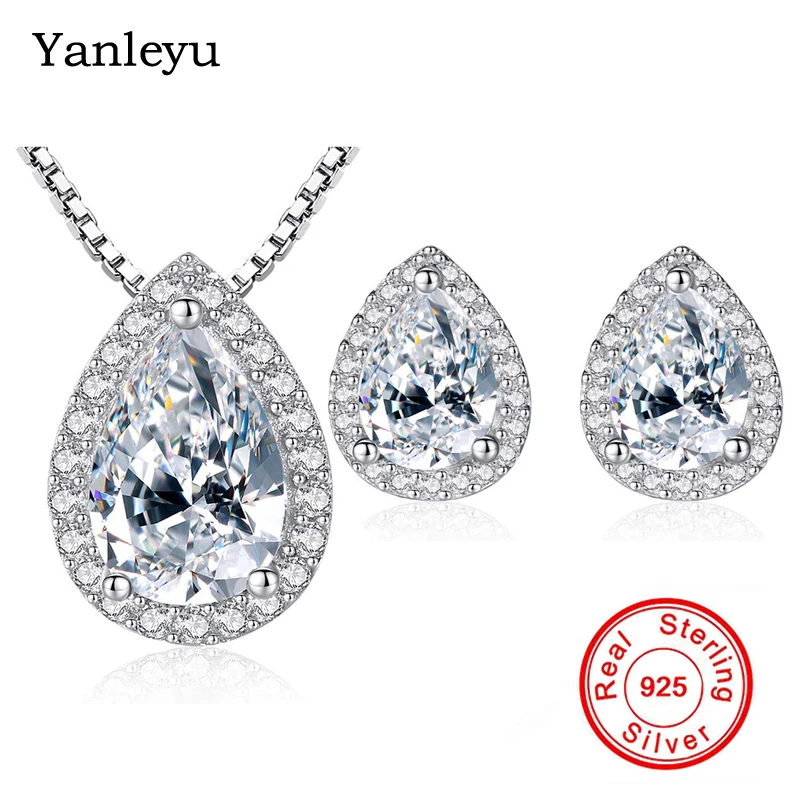 

Yanleyu 100% 925 Sterling Silver Wedding Jewelry Sets for Women Water Drop AAA+ Cubic Zirconia Necklace Earrings Sets PS008