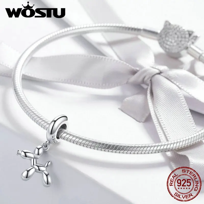 WOSTU, милый дизайн, 925 пробы, воздушный шар, собака, болтается, талисманы, подходит для браслета и ожерелья, подвеска,, модное ювелирное изделие CQC981