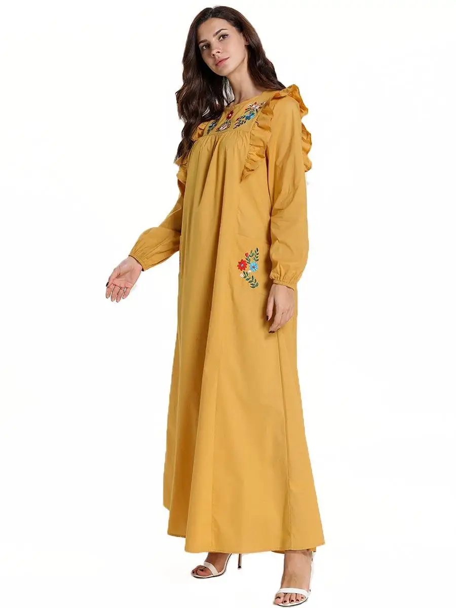 Abaya/длинное платье с вышивкой и оборками; женские мусульманские Длинные вечерние платья; jilbaw; исламский кафтан; одежда с круглым вырезом и длинными рукавами; свободное Повседневное платье