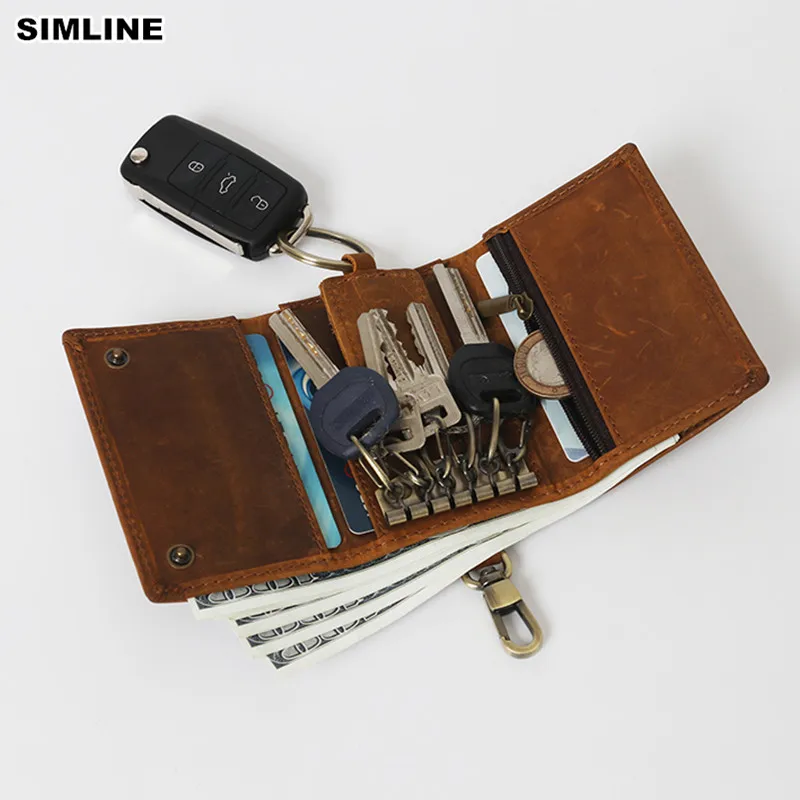 SIMLINE Genuine Crazy Horse Leather Men Wallet Car Key Holder Men's Vintage Short Trifold Small Wallets Coin Purse Card | Багаж и