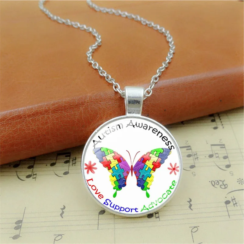 XUSHUI XJ authism Awareness Butterfly Photo Tibet серебряный Кабошон стеклянный кулон цепочка ожерелье