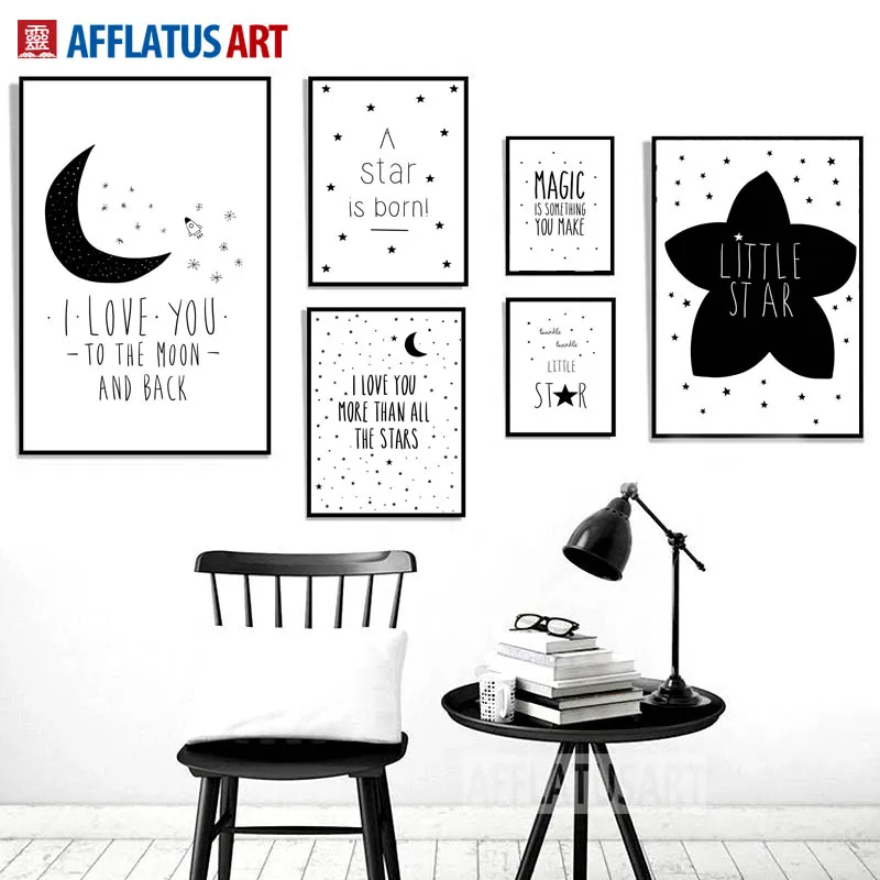 

Мультяшные черные, белые Луны, звезды, цитаты, скандинавский постер, настенный художественный принт, холст, живопись, настенные картины, нор...