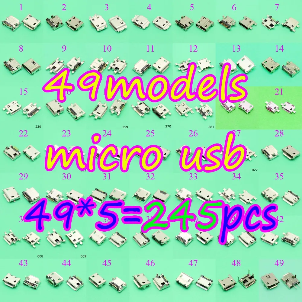 49 модель 245 шт мини микро usb разъем порт для зарядки 5Pin Samsung HTC Lenovo Huawei...mobi le phone