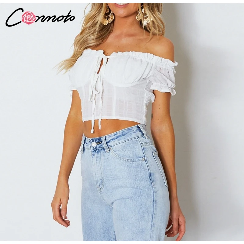 Conmoto Off Shoulder Sexy Womens Tops Shirts Solid Sexy Summer Female Shirt Tops Beach Ruffles Lace Up Crop Top Shirts