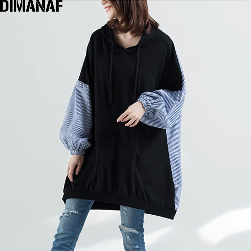 DIMANAF, женские толстовки, свитшоты, Осенние, хлопковые, лоскутные, в полоску, черные, Femme, пуловер, свободные, больше размера d размера плюс, топы, рубашки