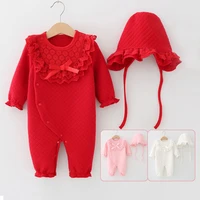 winter newborn baby girl clothes lace collar bow thicken jumpsuit clothing sets girls bodysuit hats