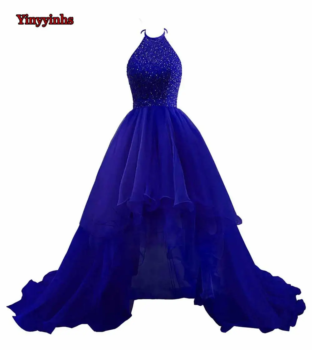 Yinyyinhs vestido de festa Longo Холтер спинки вечернее платье Hi-lo бисерные платья для выпускного вечера Formatura GG65 - Цвет: Royal blue