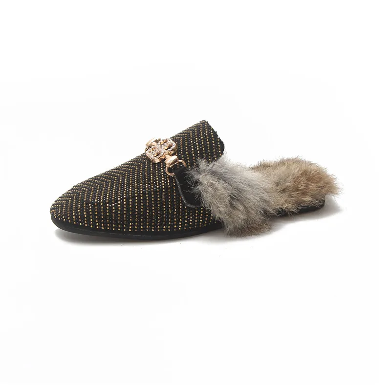 Marca 2018 Металл Bling cadena punta redonda из флока на меху zapatillas mujer слипоны Мокасины мулас chanclas