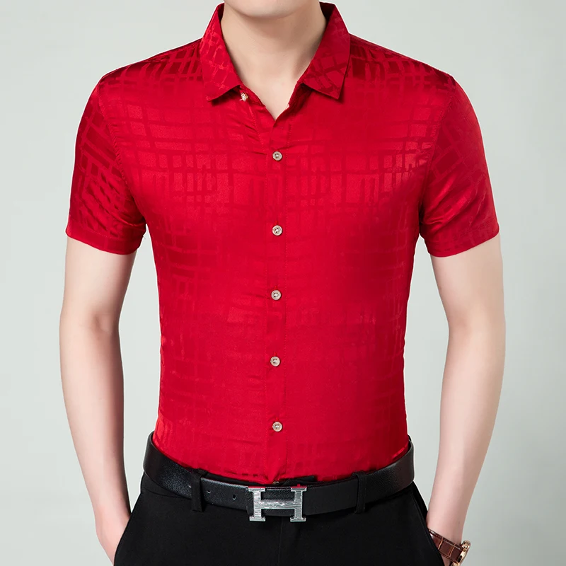 Мужская шелковая рубашка с короткими рукавами Тонкая деловая в клетку