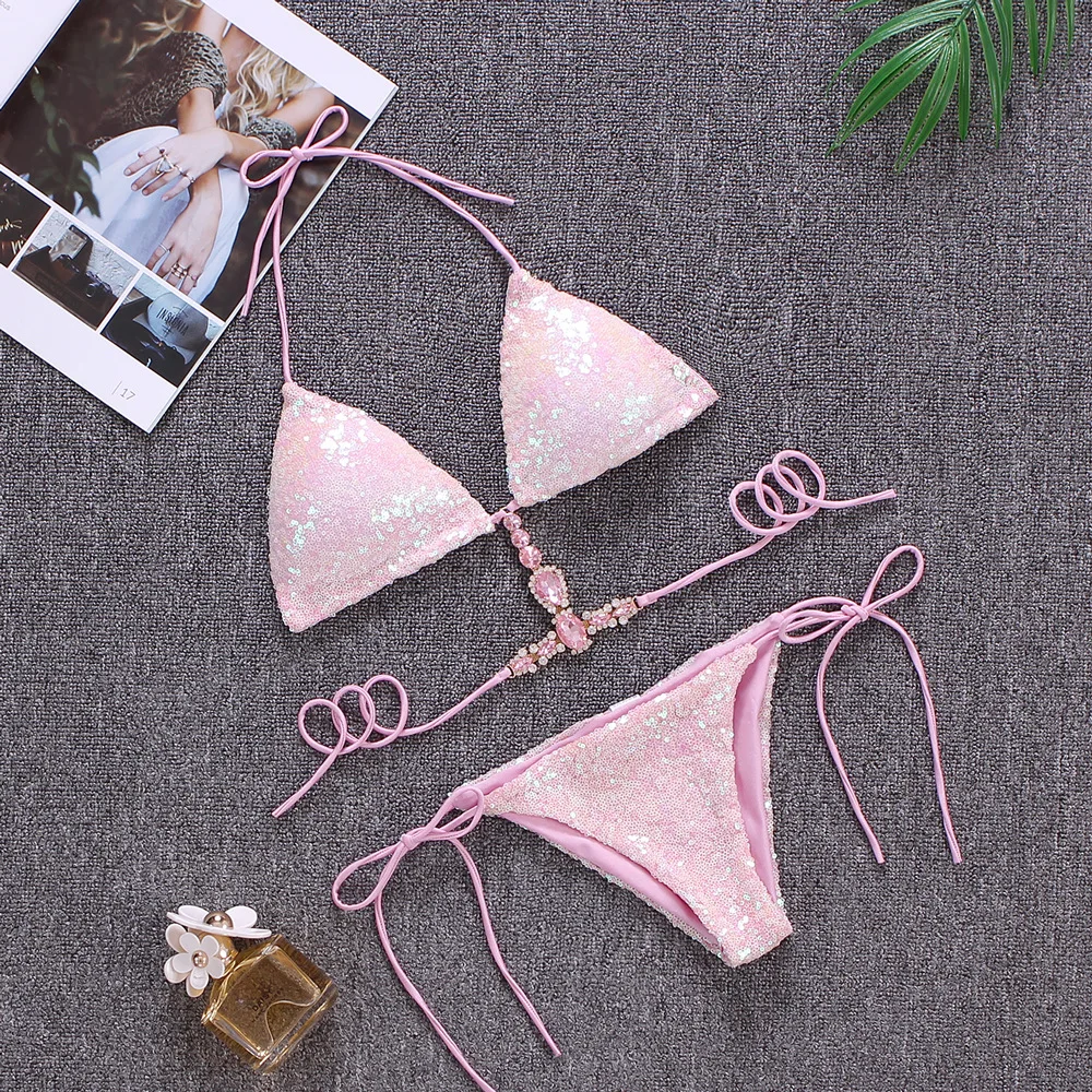 Pink Купальник с Стразы раздельный купальник Для женщин алмазные бикини сексуальные стринги бикини ; блестящие женские бикини купальный костюм из 2 предметов - Цвет: Pink