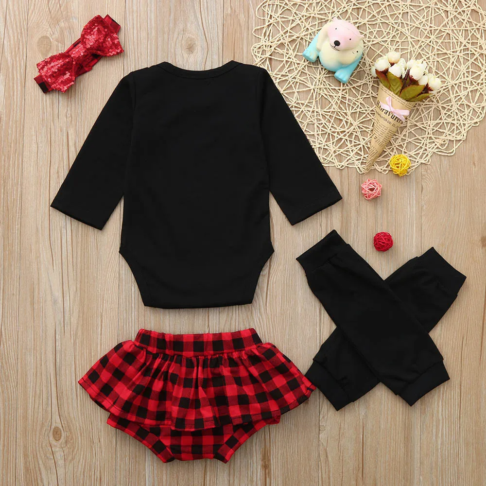 Infant Baby Letter Romper Jumpsuit +Leg Warmers+Headband+Plaid Shorts Outfit Set clothes | Детская одежда и обувь