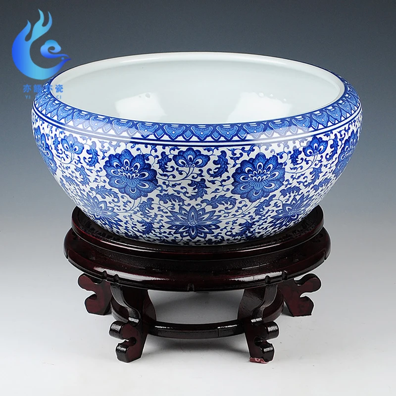 Blue and white porcelain jingdezhen ceramics shallow daikin aquarium tortoise narcissus flower pot furnishing large cylinder | Дом и сад