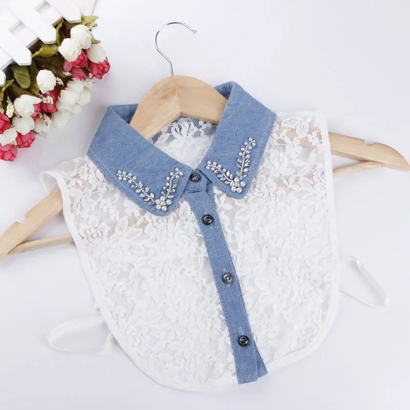 Женский модный цветочный кружевной воротник с кристаллами хлопковый съемный