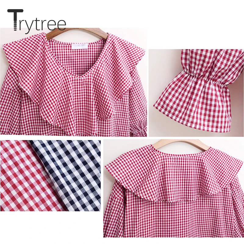 Женская клетчатая блузка Trytree черный топ с оборками Повседневная рубашка из