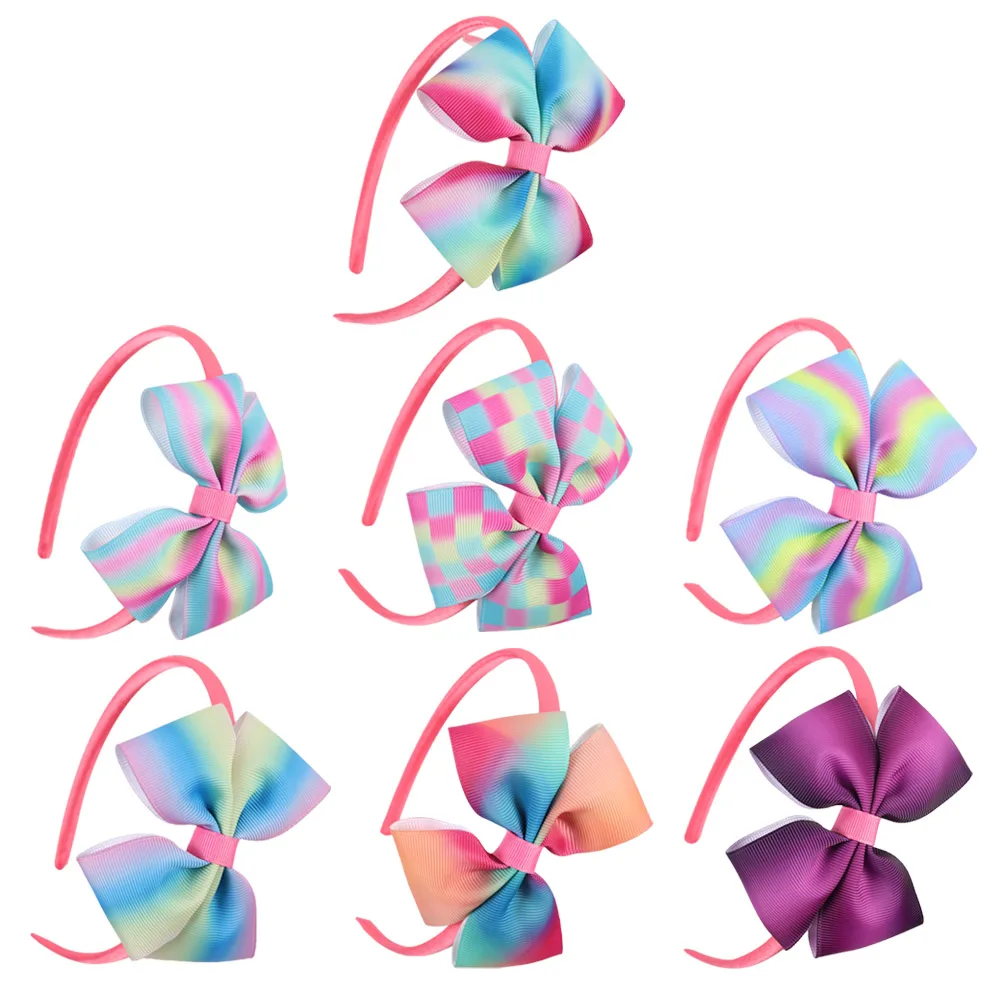 Многоцветный 7 шт./лот с радужным бантом Hairbands для детей Обувь для девочек ручной работы жесткий Атлас Банданы для мужчин с печатные ленты для волос луки Женские аксессуары для волос - Цвет: Многоцветный
