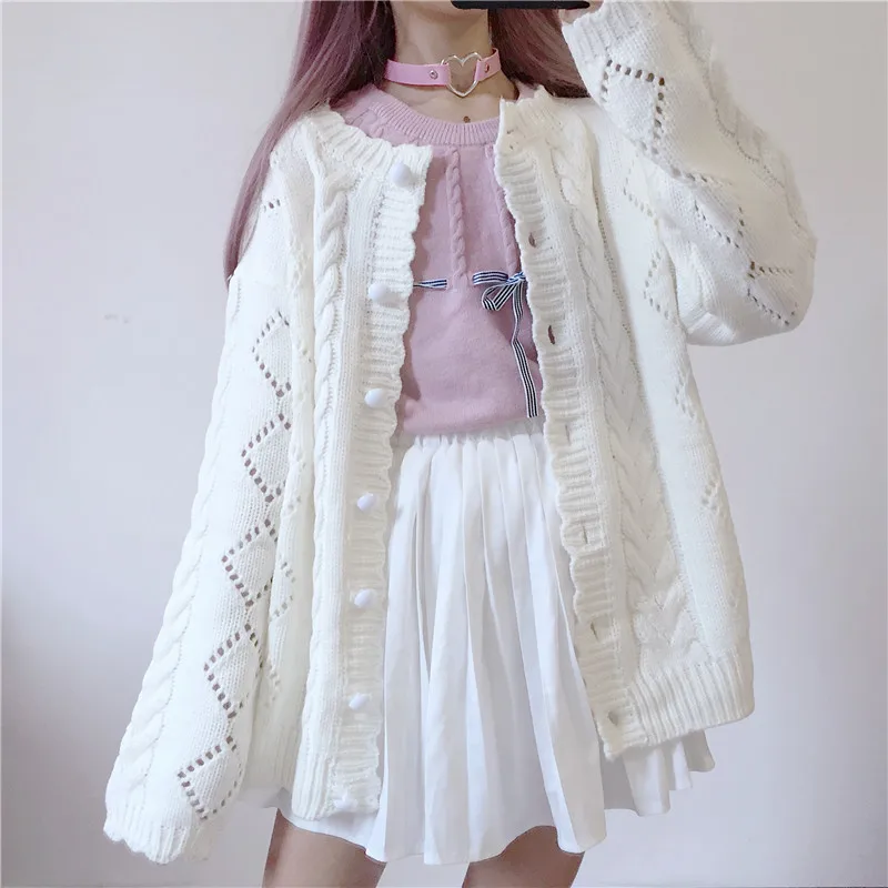 Осень Harajuku Лолита Harajuku сладкий ажурный свитер однобортный сплошной цвет свободный вязаный кардиган пальто для женщин