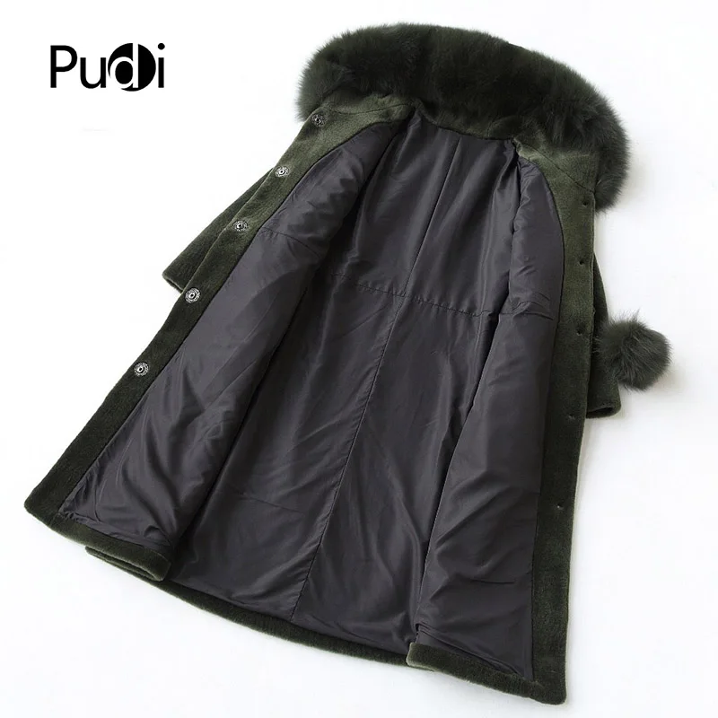 PUDI A17009 Женское зимнее теплое пальто из натурального Лисьего меха с капюшоном, зимнее теплое пальто из натуральной шерсти, длинное пальто, куртка, пальто